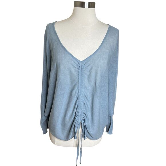 Kerisma Top Womens M/L Baby Blue Tencel Linen Long Sleeve Ruched Tie Front Fairy - Picture 1 of 11